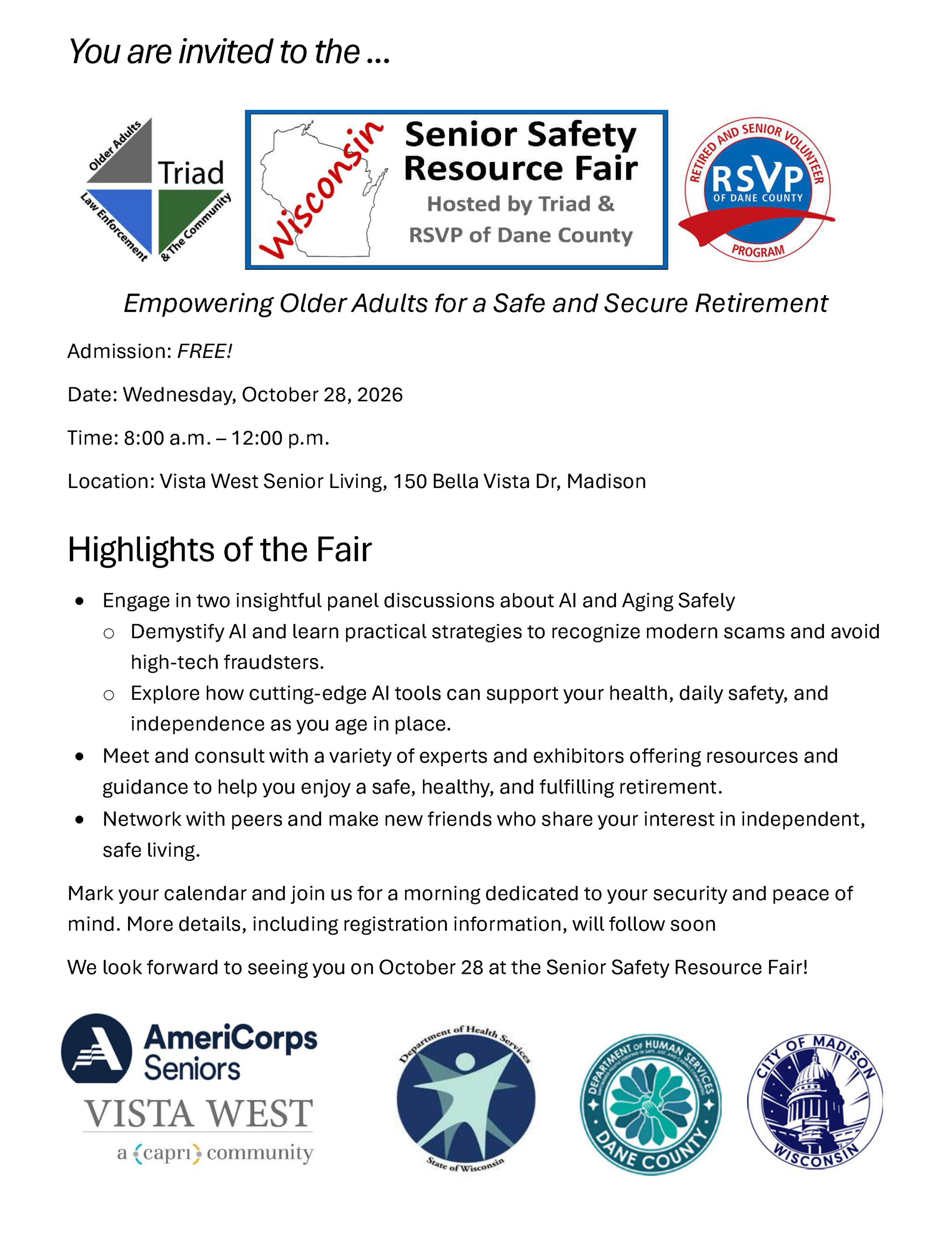 Wisconsin Senior Safety Resource Fair, October 28, 2026