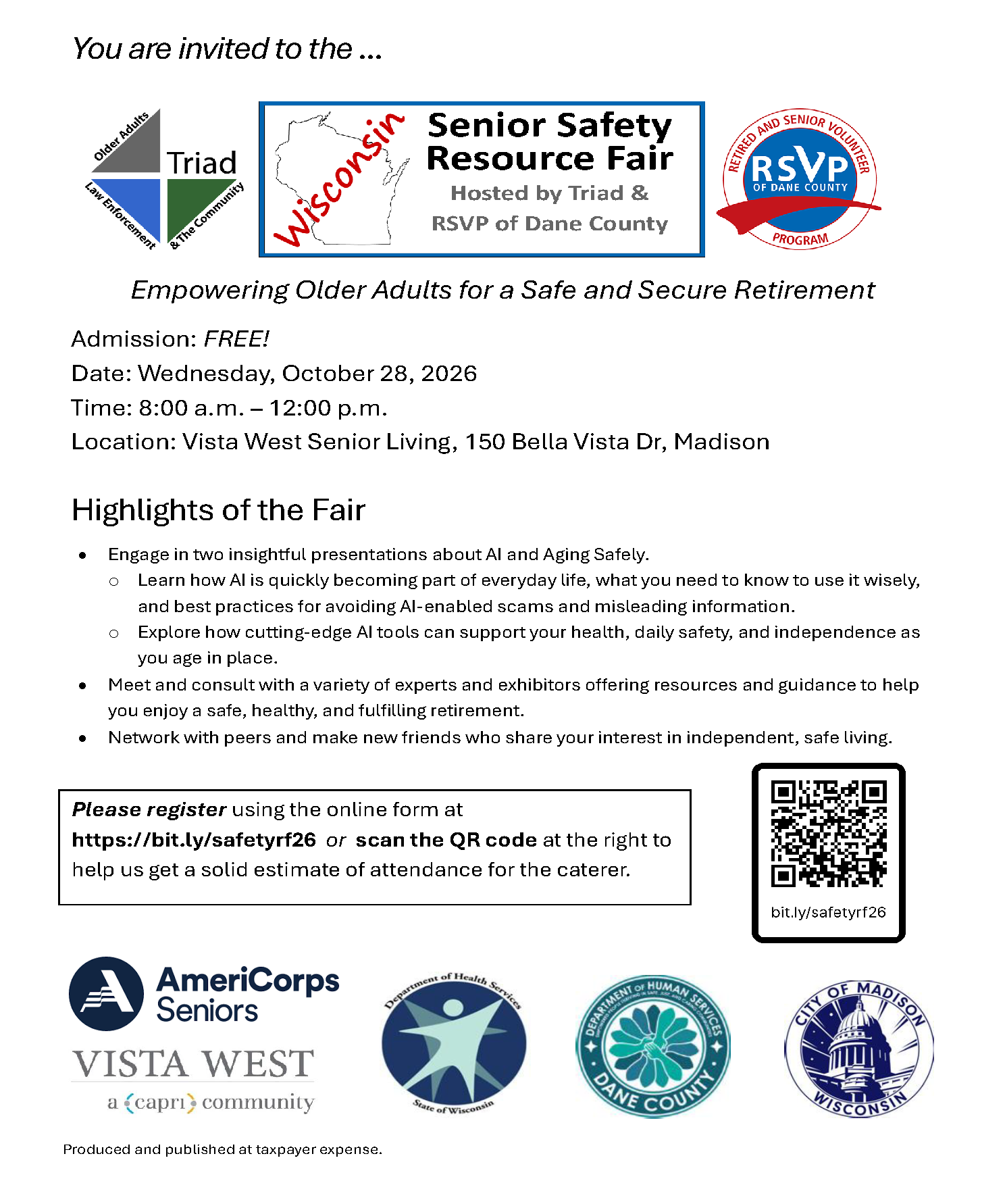 Flyer for Wisc Senior Safety Resource Fair